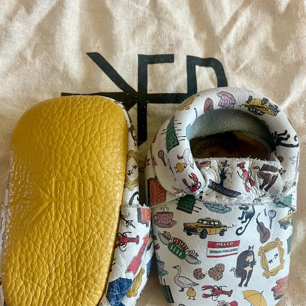 Freshly Picked White Leather Kids Moccasins with Colorful Print